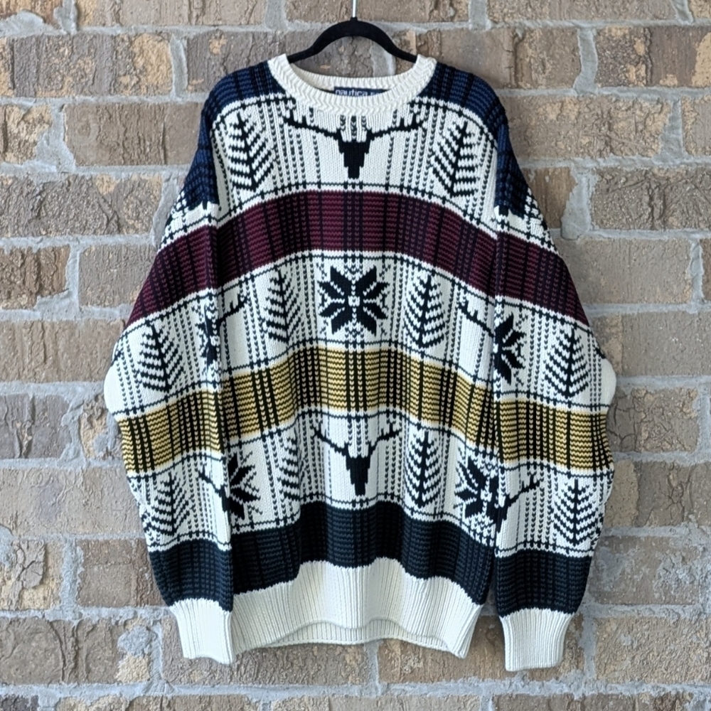 VTG 80s Nautica 100% Cotton Crew Neck Knit Sweater Reindeer Snowflakes Trees XL